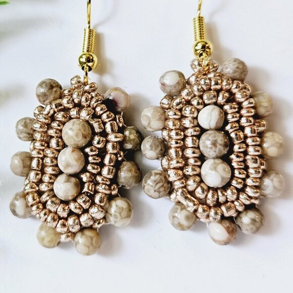 2/$27 | Tan Stone Shield Beaded Indigenous Hoop Earrings | Handmade - Picture 1 of 5